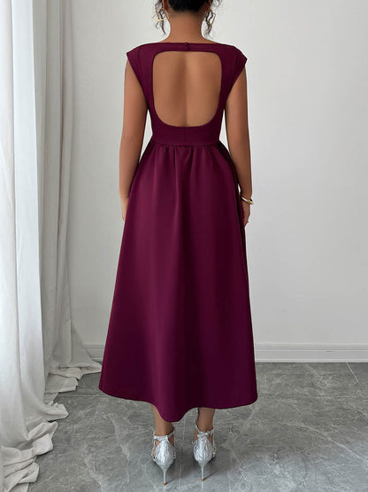 A-Line High Waisted Backless Pleated Pockets Solid Color Boat Neck Midi Dresses