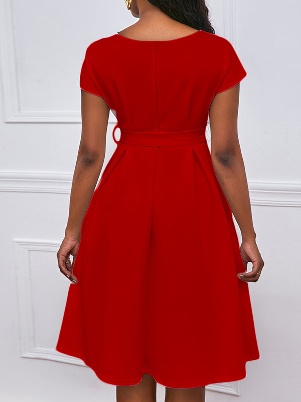 Bowknot Lace-Up Solid Color V-Neck Midi Dresses