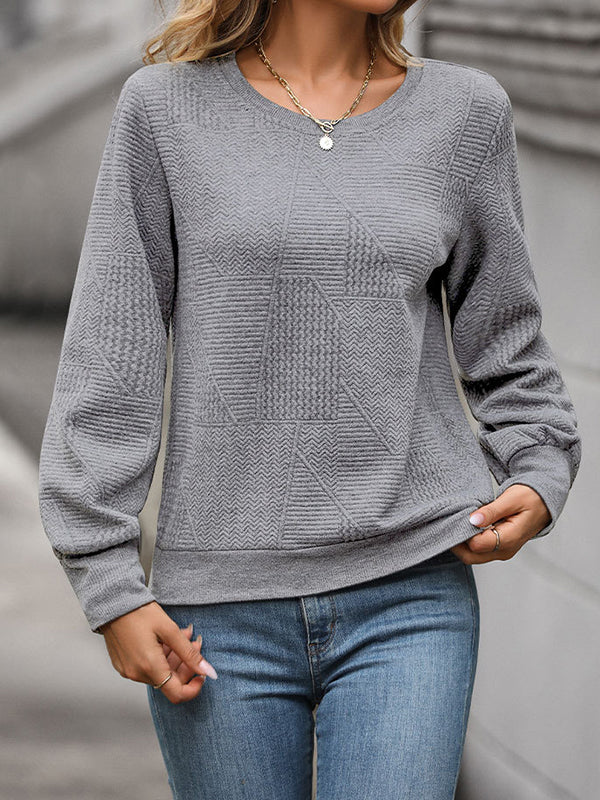 Long Sleeves Loose Jacquard Solid Color Round-Neck Sweatshirt Tops