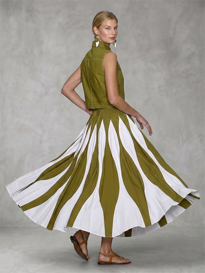 A-Line High Waisted Contrast Color Pleated Printed Skirts Bottoms