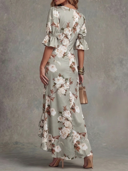 Half Sleeves High-Low Elasticity Flower Print Ruched Ruffle Trim Split-Front Deep V-Neck Maxi Dresses