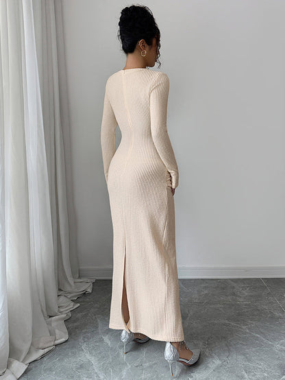 Bodycon Long Sleeves Hollow Lacy Pleated Solid Color Split-Back Split-Joint Zipper Round-Neck Maxi Dresses