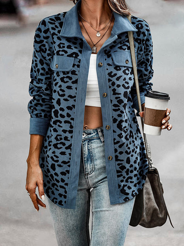 Long Sleeves Loose Buttoned Leopard Pockets Split-Joint Lapel Jackets Outerwear