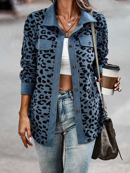 Long Sleeves Loose Buttoned Leopard Pockets Split-Joint Lapel Jackets Outerwear