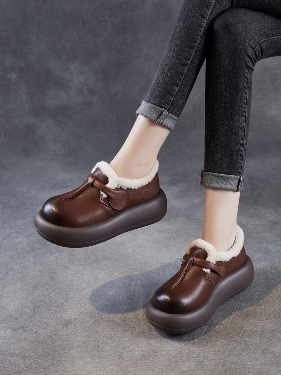 Women Vintage Genuine Leather Fleece-lined Platform Shoes