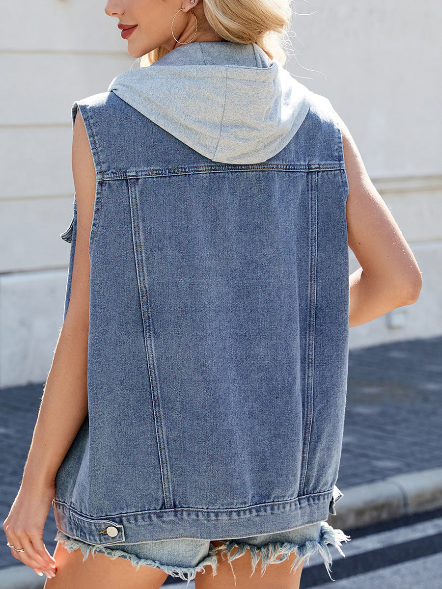 Solid Color Pockets Detachable Buttoned Sleeveless Loose Lapel Vest Outerwear