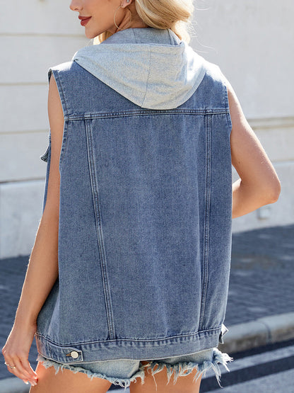 Solid Color Pockets Detachable Buttoned Sleeveless Loose Lapel Vest Outerwear