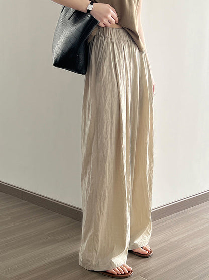 High Waisted Wide Leg Elasticity Pleated Solid Color Casual Pants Bottoms Trousers