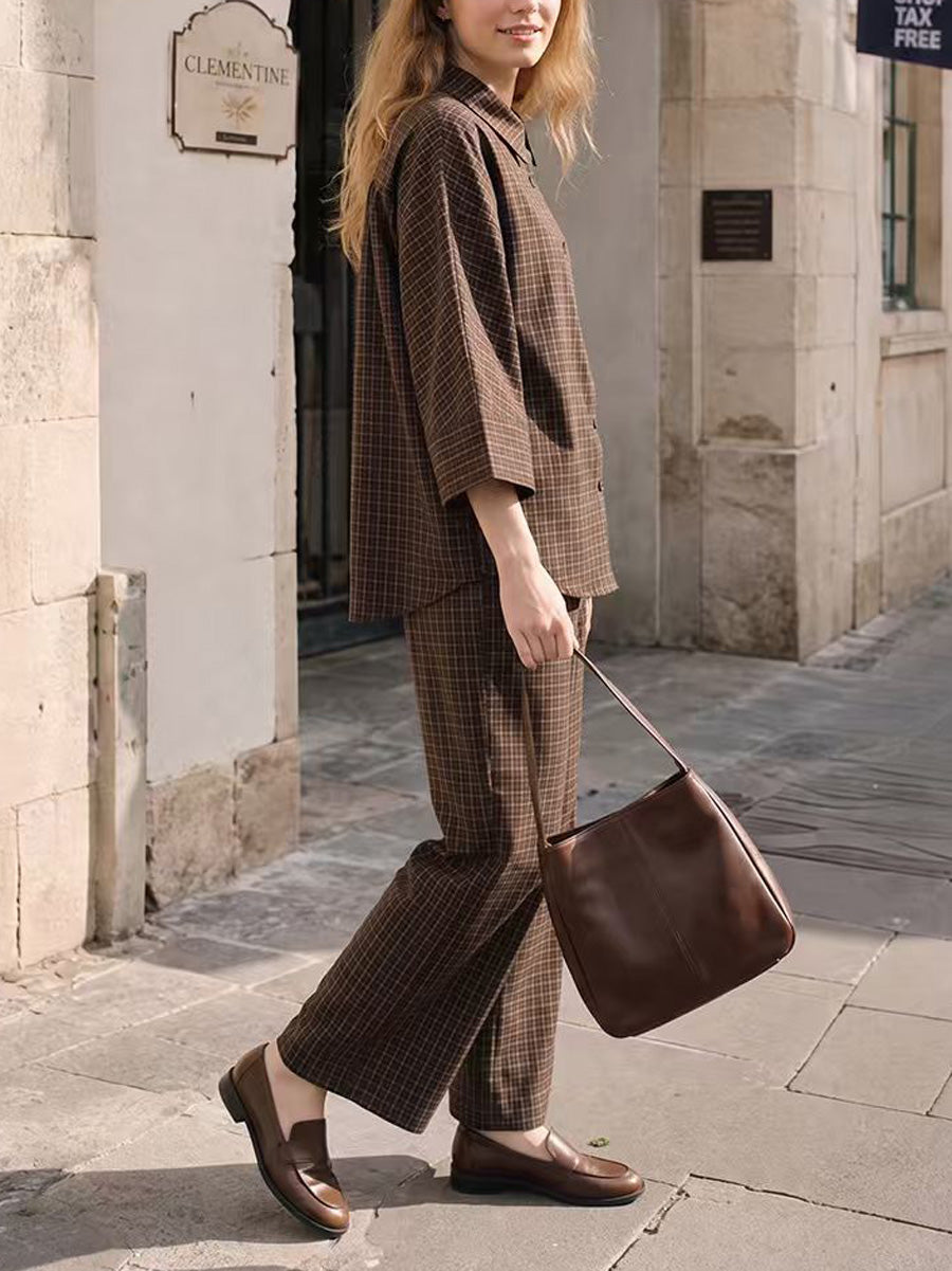 Solid Color Plain Flared Sleeves Buttoned Lapel Pleated Blouses&Shirts Tops + High Waisted Pockets Pants Trousers Two Pieces Set