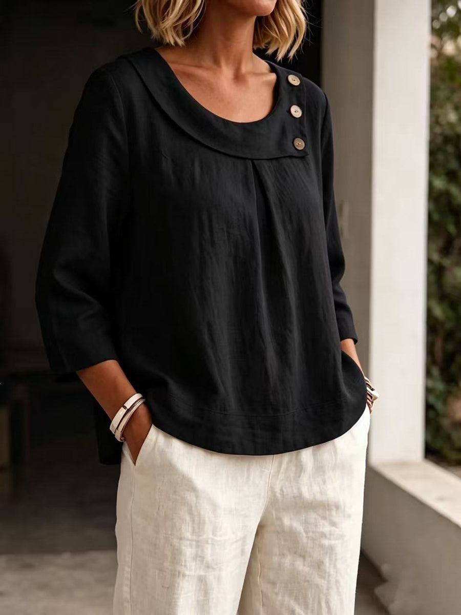 Split-Joint Solid Color Pleated Buttoned Asymmetric Loose Long Sleeves U-neck Blouses&shirts Tops