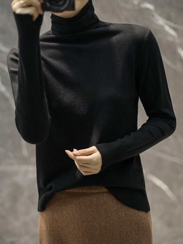 Solid Color Heaps Collar Long Sleeve Knitwear Tops