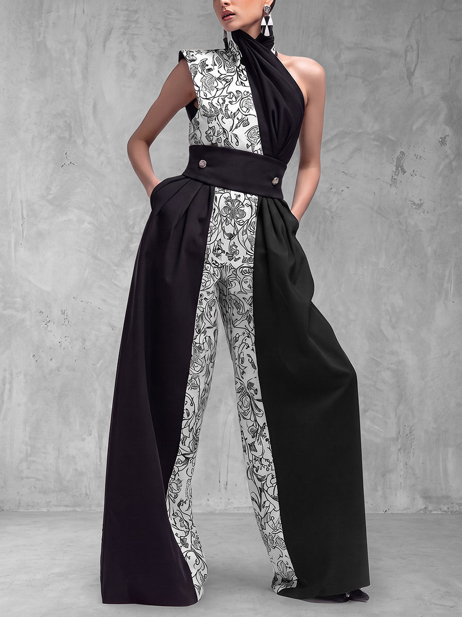 Split-Joint Pockets Pleated Flower Print Contrast Color Buttoned Wide Leg Sleeveless One-shoulder Jumpsuits