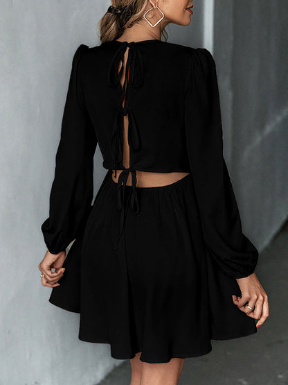 A-Line Bishop Sleeve Backless Elasticity Hollow Pleated Solid Color Tied Round-Neck Mini Dresses