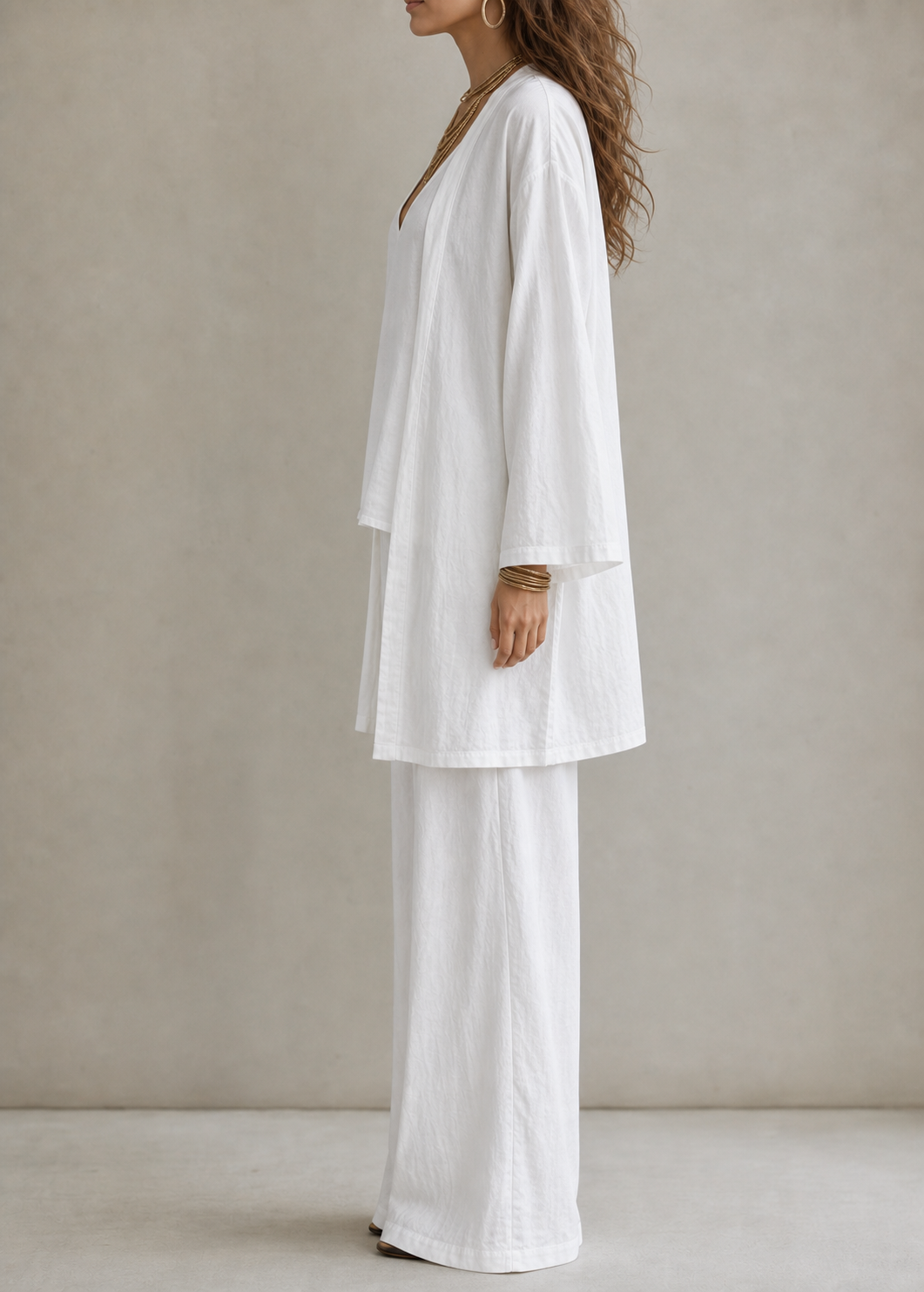 Solid Color V-neck Tank Top + Long Sleeves Outerwear + High Waisted Drawstring Elasticity Pockets Pants Trousers Three Pieces Set
