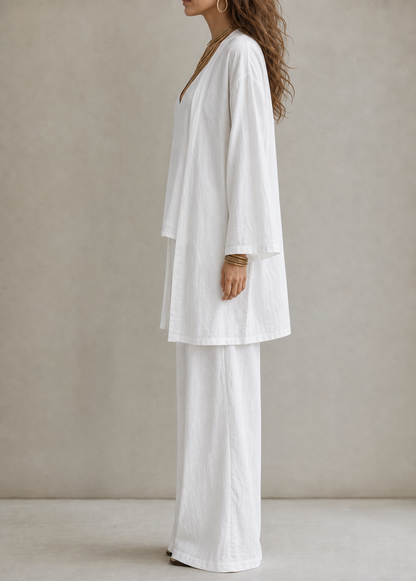 Solid Color V-neck Tank Top + Long Sleeves Outerwear + High Waisted Drawstring Elasticity Pockets Pants Trousers Three Pieces Set