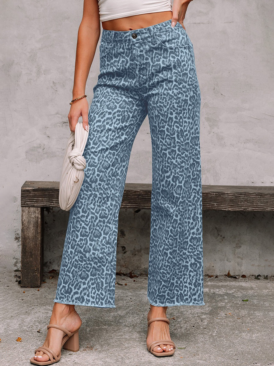 High Waisted Leopard Pockets Jean Pants Bottoms