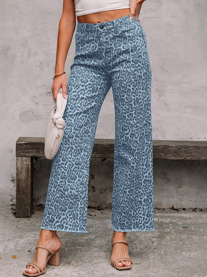 High Waisted Leopard Pockets Jean Pants Bottoms