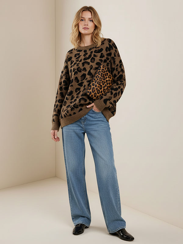 Long Sleeves Loose Leopard Round-Neck Sweater Tops