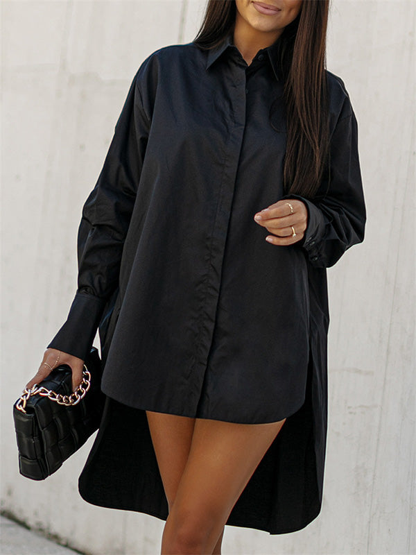 Urban Long Sleeves High-Low Solid Color Lapel Collar Blouses