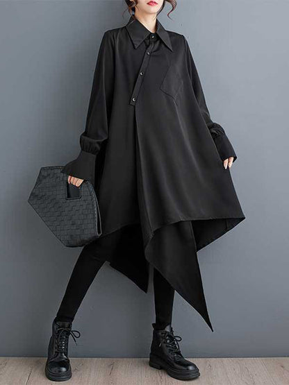 Irregularity Long Sleeves Buttoned Pockets Solid Color Split-Joint Lapel Midi Dresses Shirt Dress