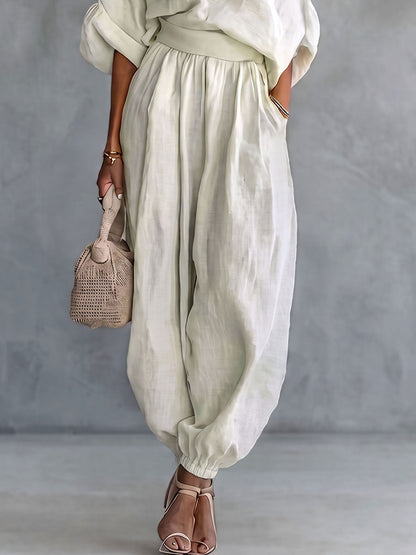 High Waisted Wide Leg Elasticity Pockets Solid Color Pants Trousers