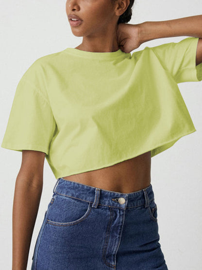 Loose Short Sleeves Solid Color Round-Neck T-Shirts Tops