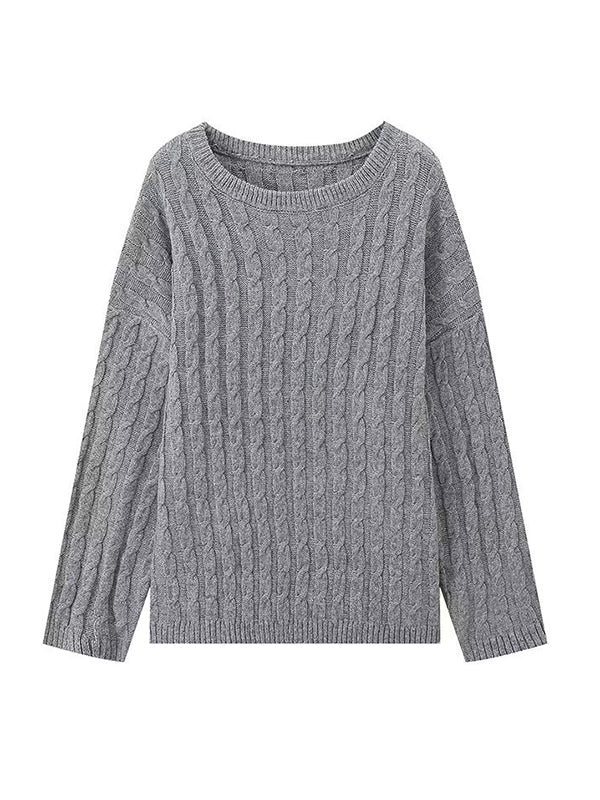 Long Sleeves Loose Solid Color Split-Joint Round-Neck Sweater Tops + Scarf Two Pieces