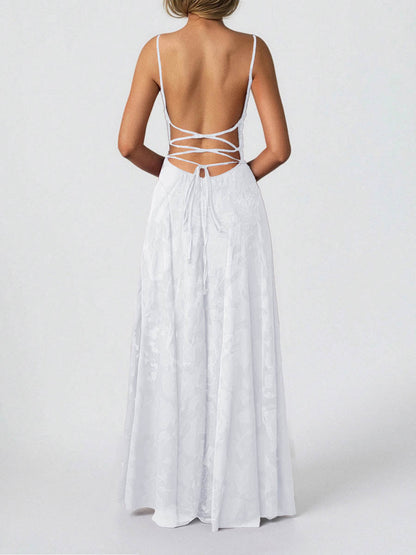A-Line High Waisted Jacquard Pleated Solid Color Spaghetti-Neck Maxi Dresses