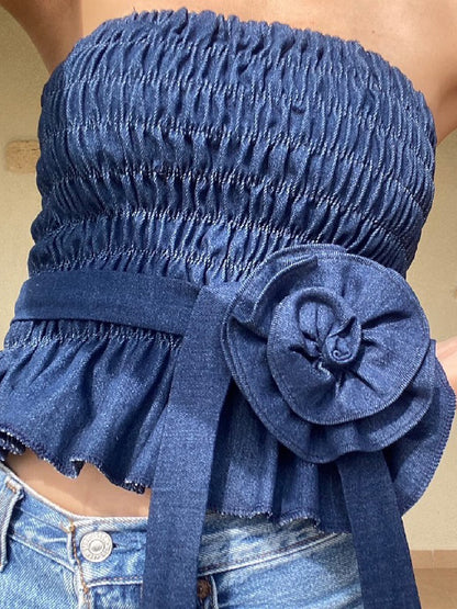 Skinny Sleeveless Elasticity Pleated Ruffled Three-Dimensional Flower Tied Waist Tube Vest Top