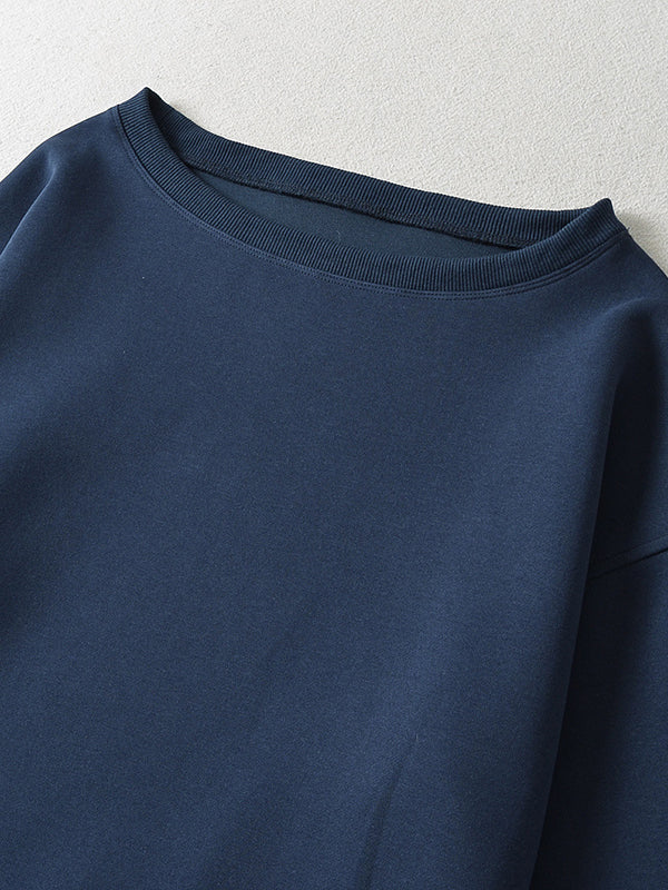 Long Sleeves Loose Solid Color Split-Joint Round-Neck Sweatshirt Tops