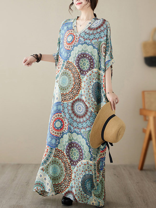Loose Short Sleeves Ethnic Printed V-Neck Maxi Dresses