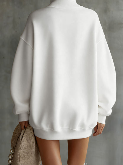 Long Sleeves Loose Buttoned Solid Color Split-Joint High Neck Mini Dresses Sweatershirt