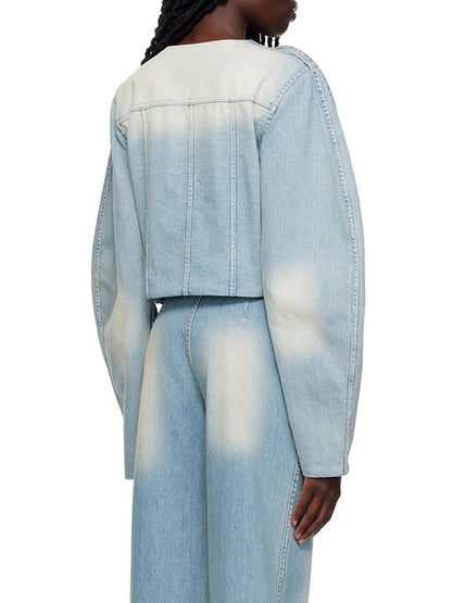 Long Sleeves Loose Buckle Three-Dimensional Flower Round-Neck Denim Jackets Outerwear