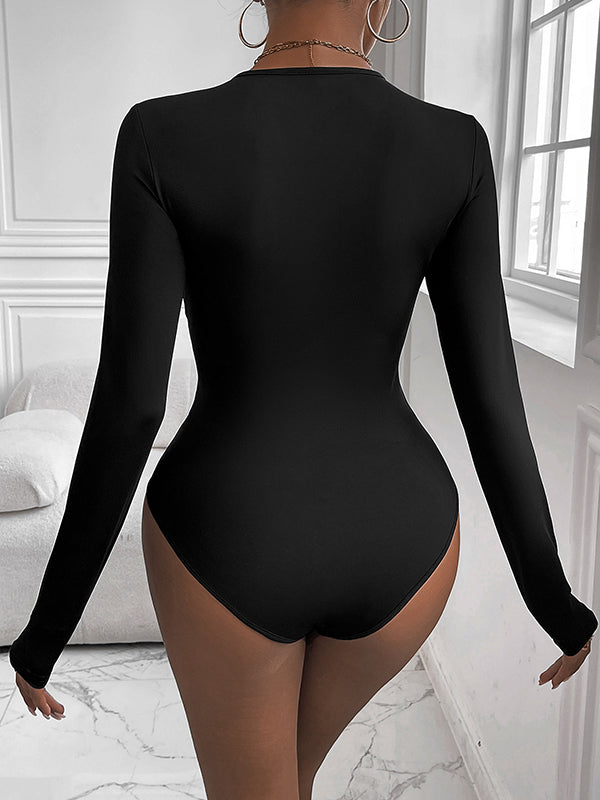 Bodycon Long Sleeves Knot Solid Color Round-Neck Bodysuits