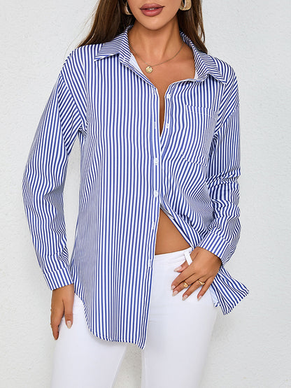 Long Sleeves Loose Split-Joint Striped Lapel Blouses