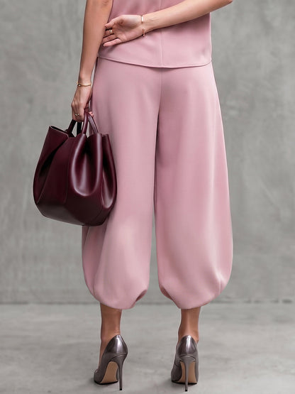 Cropped High Waisted Pleated Pockets Solid Color Pants Trousers