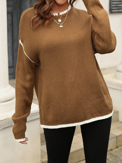 Long Sleeves Loose Contrast Color Split-Joint Round-Neck Pullovers Sweater Tops