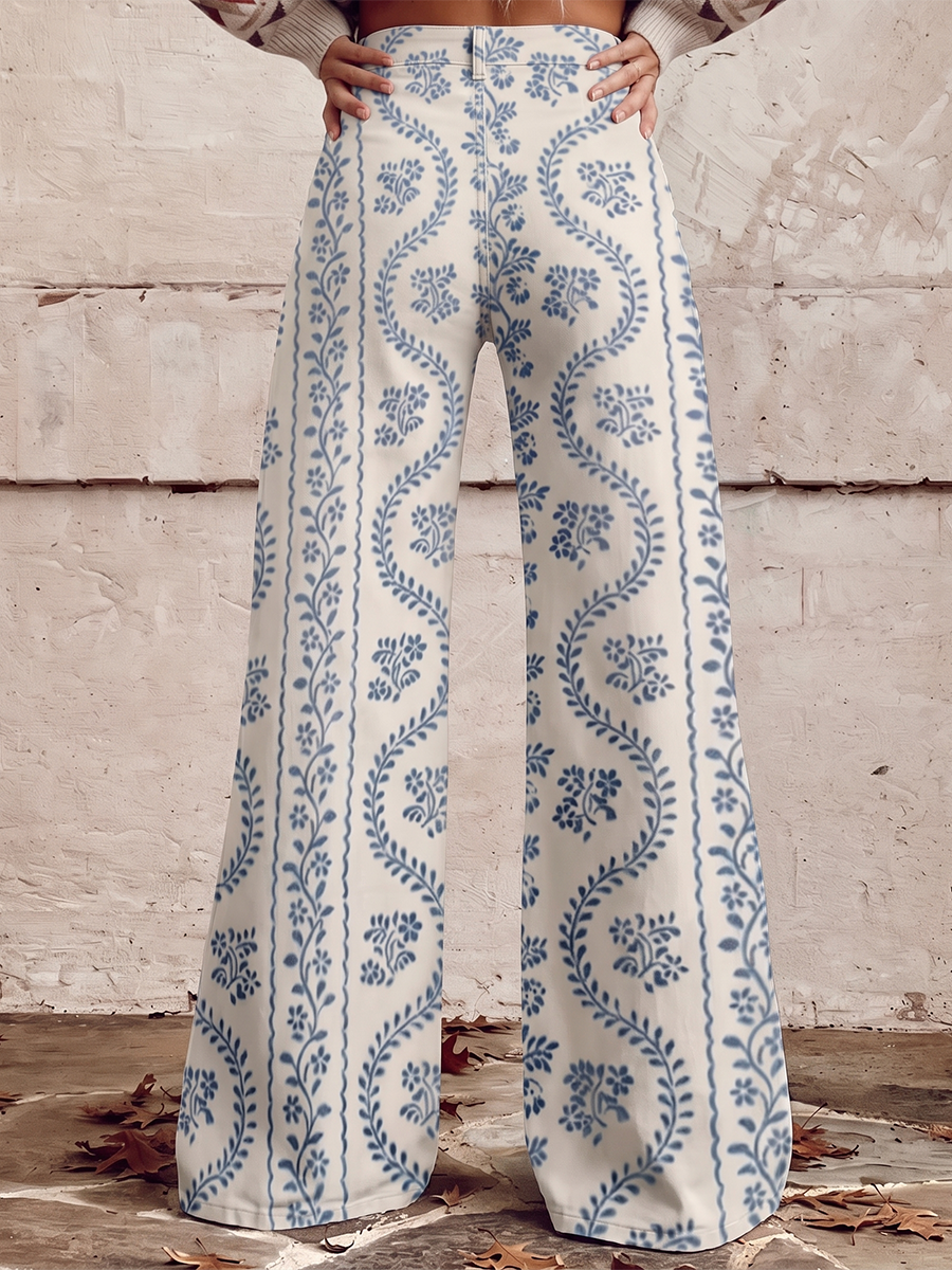Printed Pockets Buttoned Wide Leg Plus Size Trousers Pants
