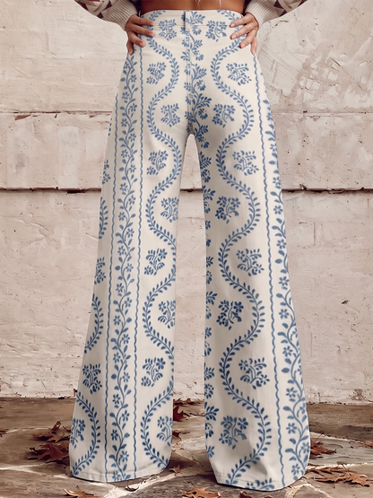 Printed Pockets Buttoned Wide Leg Plus Size Trousers Pants