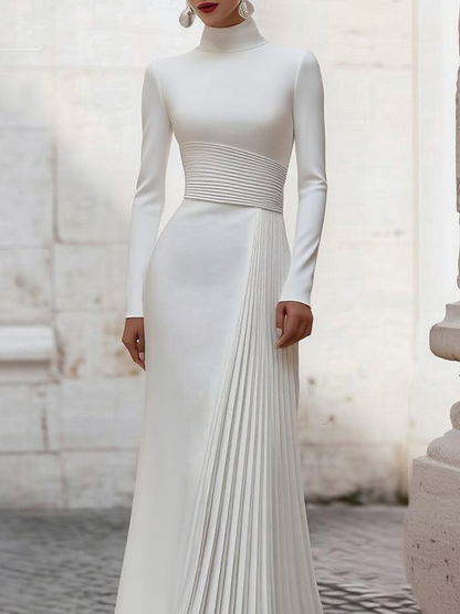 High Waisted Long Sleeves Pleated Solid Color Split-Joint Zipper Mock Neck Maxi Dresses