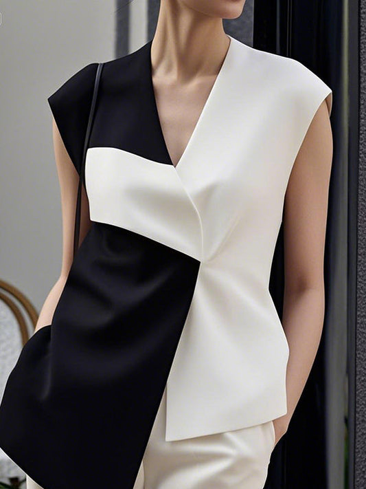 Loose Sleeveless Asymmetric Contrast Color V-Neck Vest Top