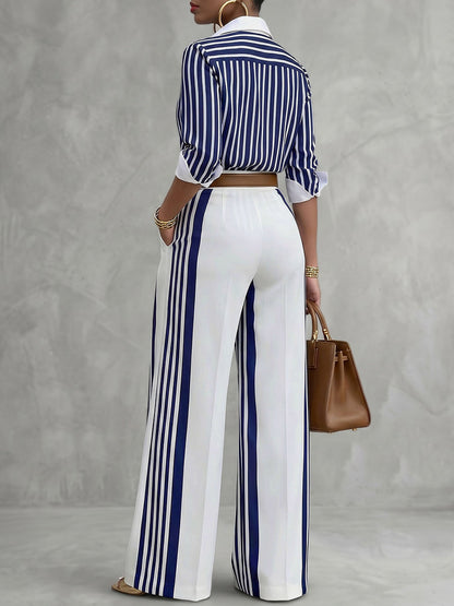 Long Sleeves Buttoned Contrast Color Striped Lapel Blouses&Shirts Tops