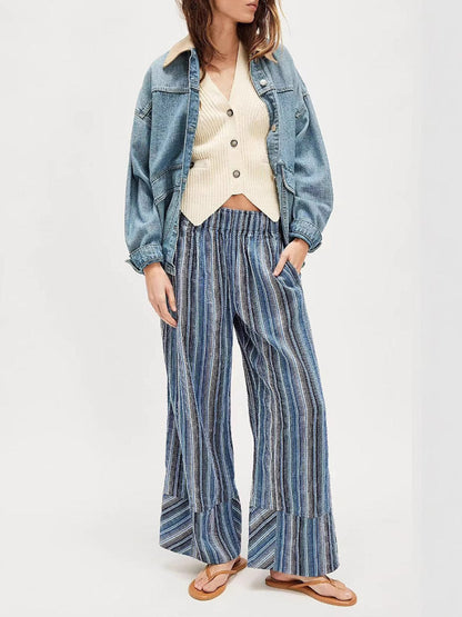 Elasticated Waist High Waisted Contrast Color Printed Split-Joint Striped Pants