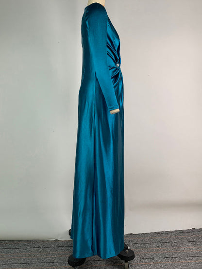 Solid Color Bodycon Long Sleeves Pleated  Split-Front Tied Waist Deep V-Neck Maxi Dresses