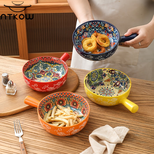 NTKOW 1 Set Of 4pcs The Underglaze Bohemian Carved-handle Bowl Blends Beauty And Practicality. Its Unique Underglaze Craft Ensures Lasting Bright Hues And Safety. The Smooth Carved Handle, Adding Art, Is Easy to Hold for Home