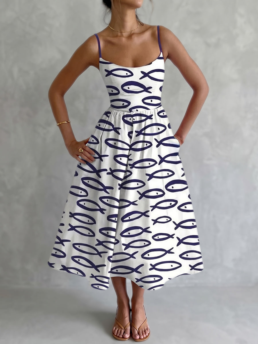 Elasticated Waist High Waisted Contrast Color Pleated Printed Split-Joint Spaghetti-Neck Midi Dresses