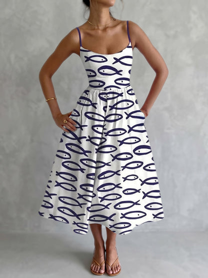 Elasticated Waist High Waisted Contrast Color Pleated Printed Split-Joint Spaghetti-Neck Midi Dresses