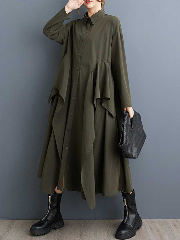 A-Line Long Sleeves Buttoned Pockets Ruffle Trim Solid Color Lapel Midi Dresses