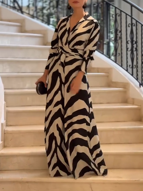 Long Sleeves Wide Leg Split-Joint Tied Waist Zebra Printed Lapel Jumpsuits