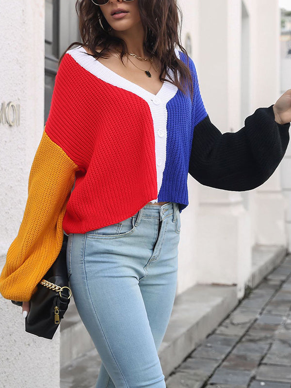 Long Sleeves Loose Contrast Color Split-Joint V-Neck Cardigan Tops